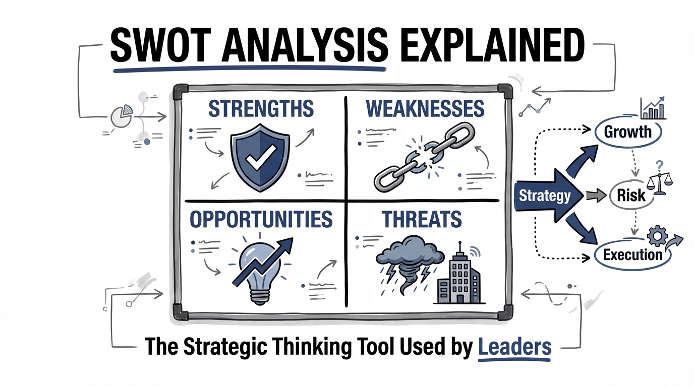 Strategic sketchnote illustration explaining SWOT analysis with strengths, weaknesses, opportunities, and threats used in business strategy