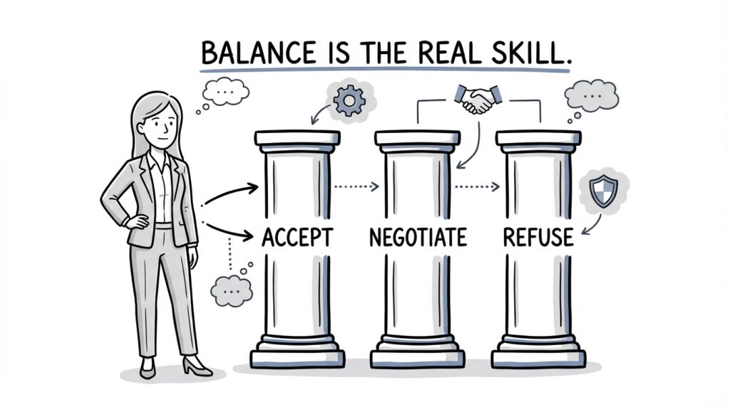 How to Say No at Work Without Damaging Your Career Professional framework showing when to accept negotiate or decline work tasks