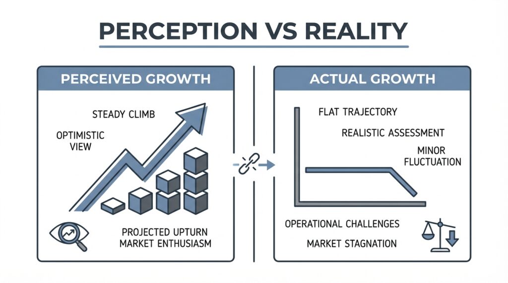 Comparison between perceived career growth and actual growth showing upward trend versus flat progression