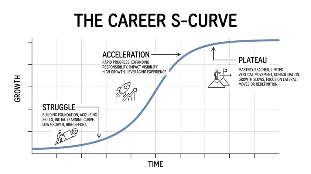 S curve model showing career phases of learning acceleration and plateau over time