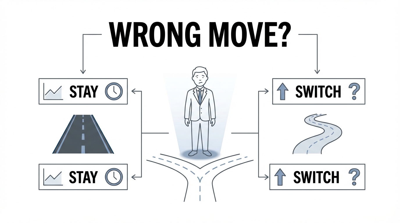 Decision between staying in a job or switching careers illustrated as a professional at a fork in the road