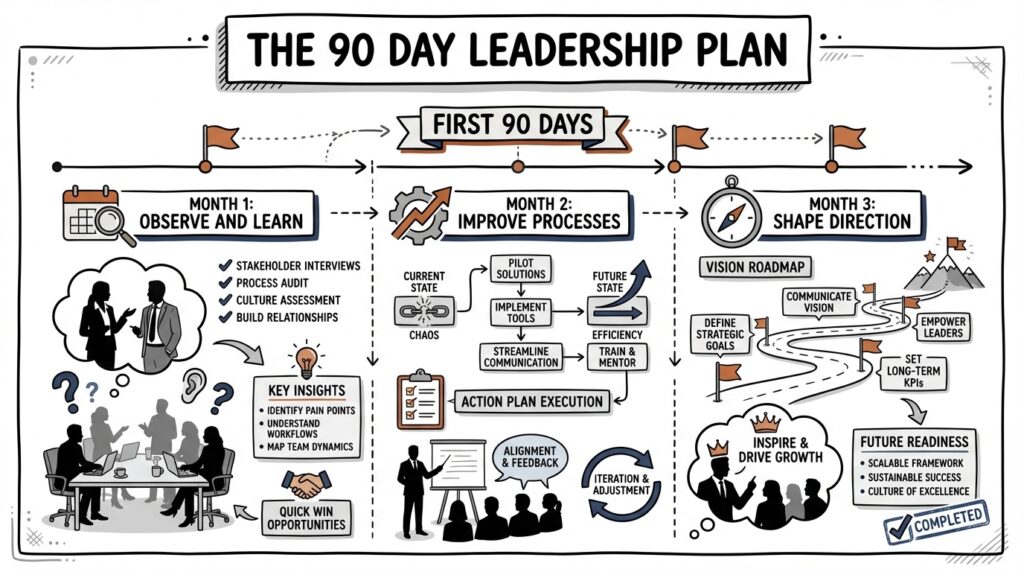 Sketchnote diagram showing a first 90 days leadership plan with three phases: observe, improve processes, and shape direction.