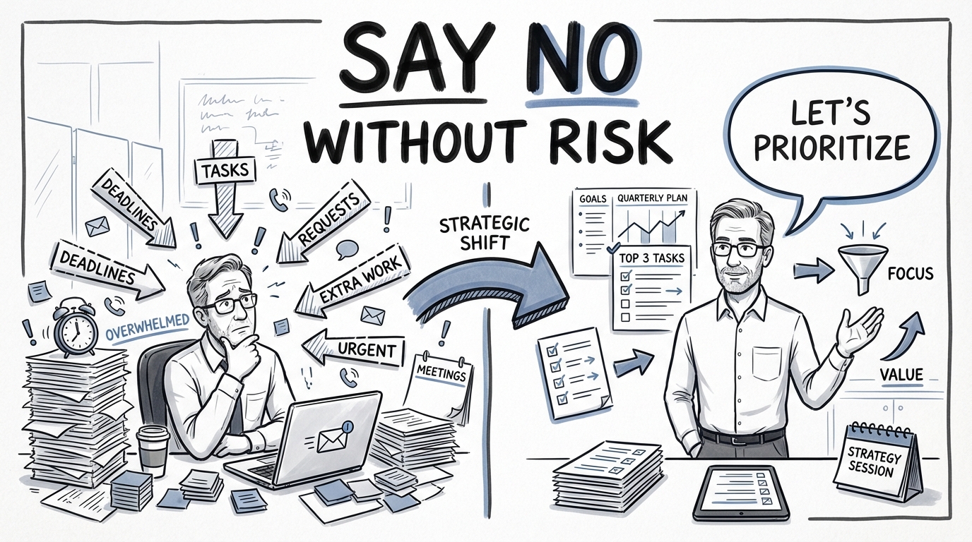 Sketchnote illustration explaining how to say no at work professionally without damaging your career