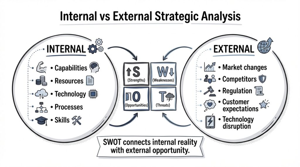 Diagram explaining internal and external factors in SWOT analysis used in business strategy