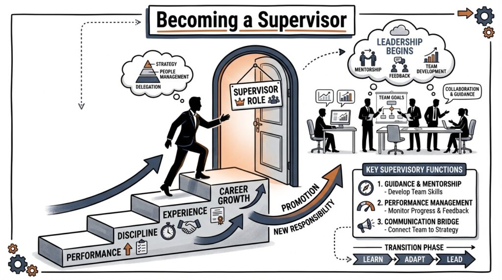 Professional sketchnote illustration showing a professional climbing a career growth staircase toward a door labeled supervisor role, representing the transition from individual contributor to team leadership