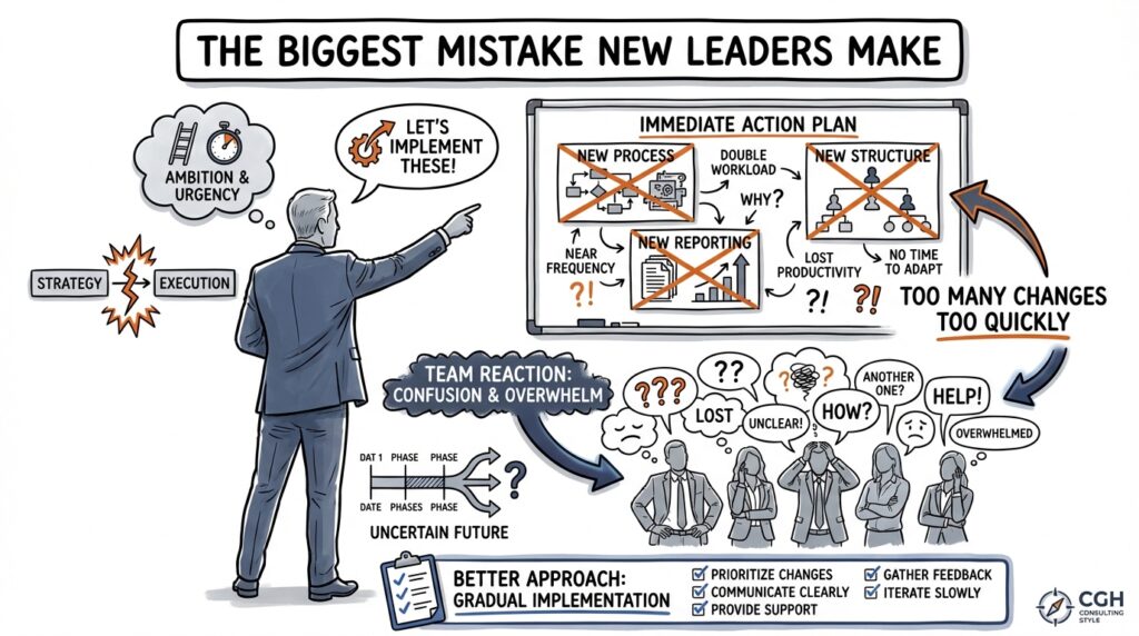 Sketchnote illustration showing a supervisor introducing multiple sudden changes to a team with a board labeled new process, new reporting, and new structure.