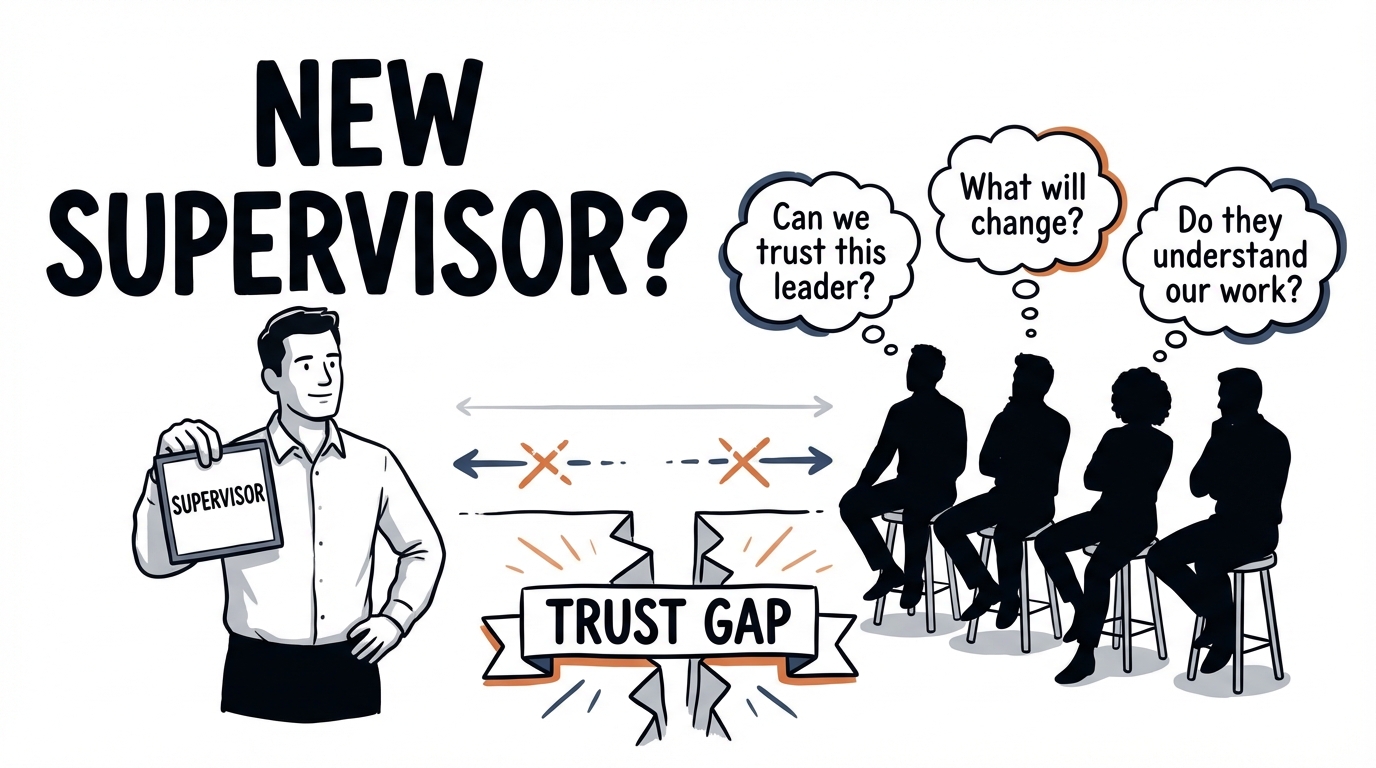 New supervisor leadership illustration showing a trust gap between leader and team, highlighting common mistakes that affect team trust in the first 90 days.