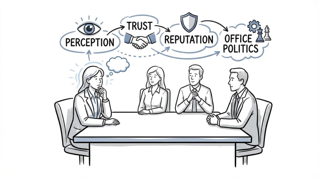 How to Say No at Work Without Damaging Your Career Illustration representing workplace perception and office politics in corporate environments