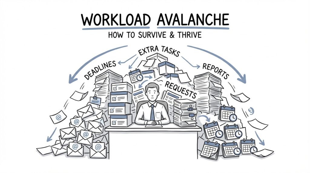How to Say No at Work Without Damaging Your Career Sketchnote illustration showing employee overwhelmed by excessive workload at the office
