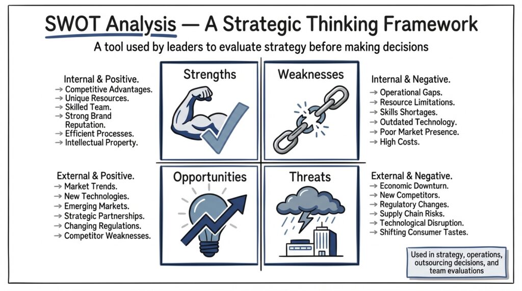 SWOT analysis framework showing strengths weaknesses opportunities and threats in a strategic planning diagram