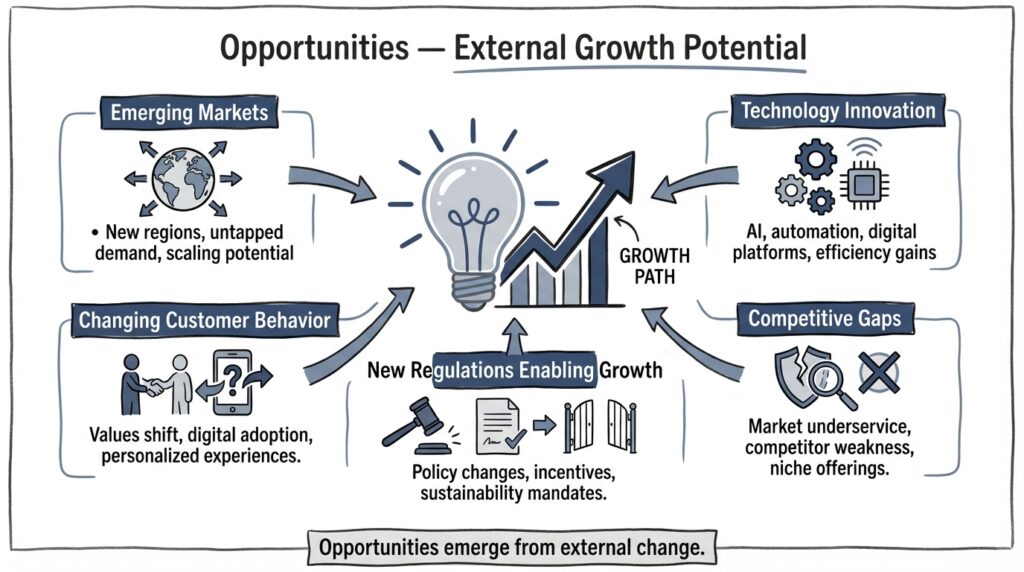 Business opportunities in SWOT analysis including market expansion technology innovation and customer trends