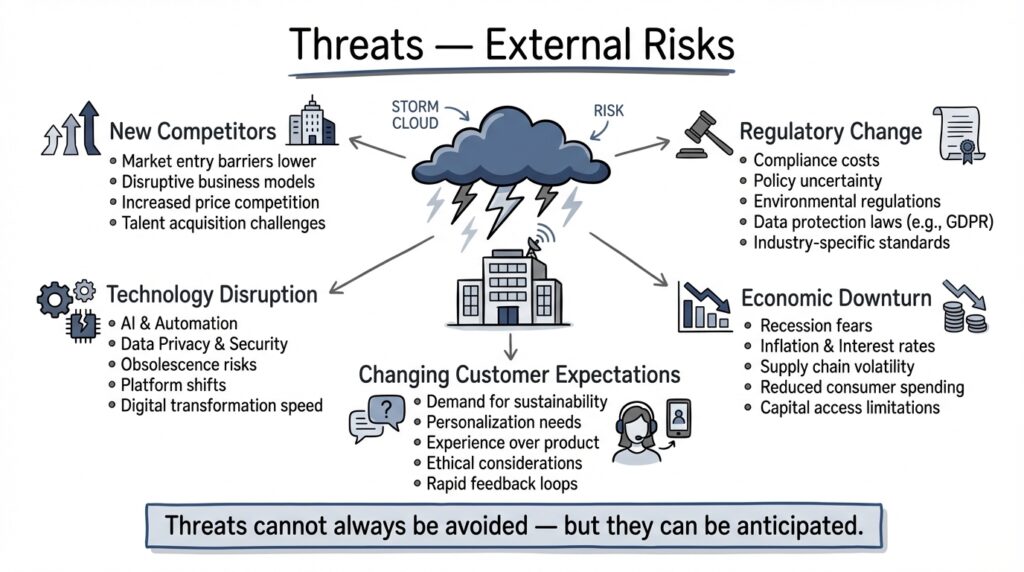 swot threats business risksExternal threats in SWOT analysis including competition technology disruption and regulatory change