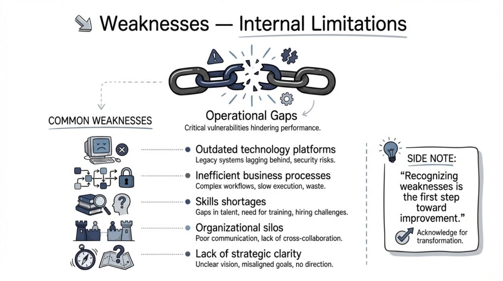 Examples of weaknesses in SWOT analysis such as outdated technology inefficient processes and skill gaps