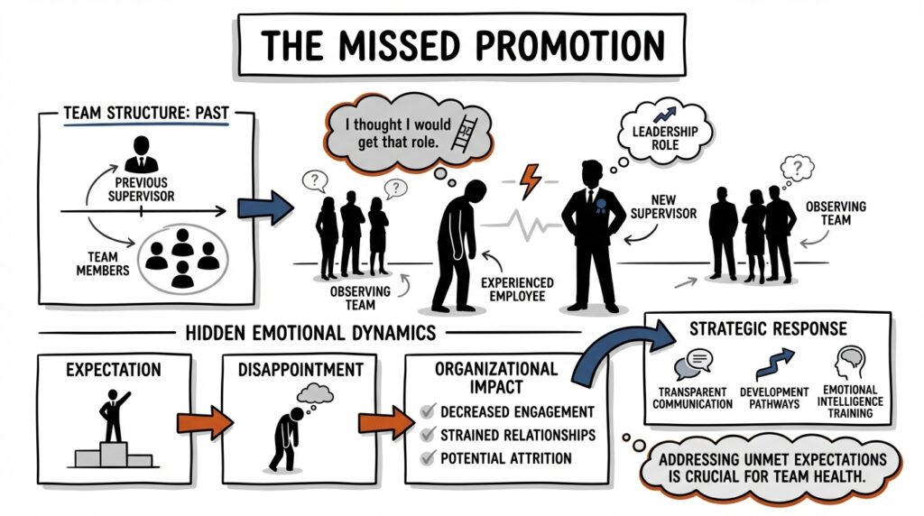 Sketchnote illustration showing a team observing a newly promoted supervisor while one employee appears disappointed after missing the promotion.