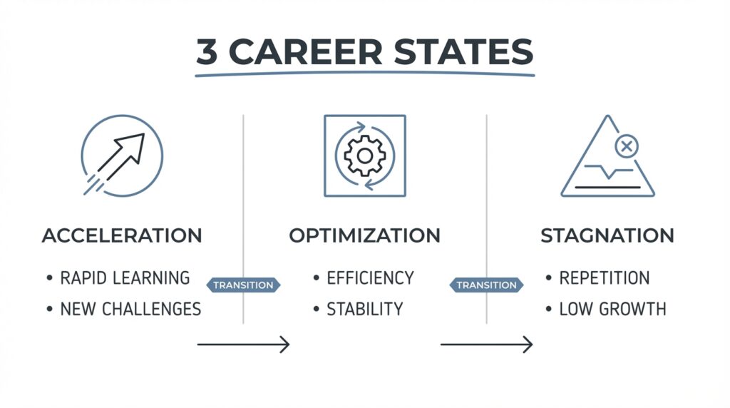 Three career states diagram showing acceleration optimization and stagnation phases with key characteristics