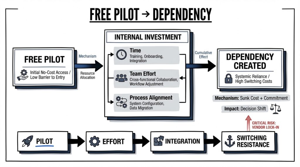 BPO free pilot strategy showing how initial outsourcing trial creates dependency through internal investment and process alignment