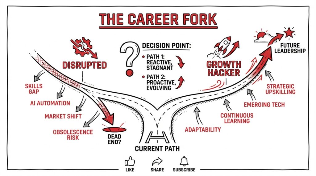 A road splitting into Disrupted and Growth Hacker paths with minimalist social media engagement icons